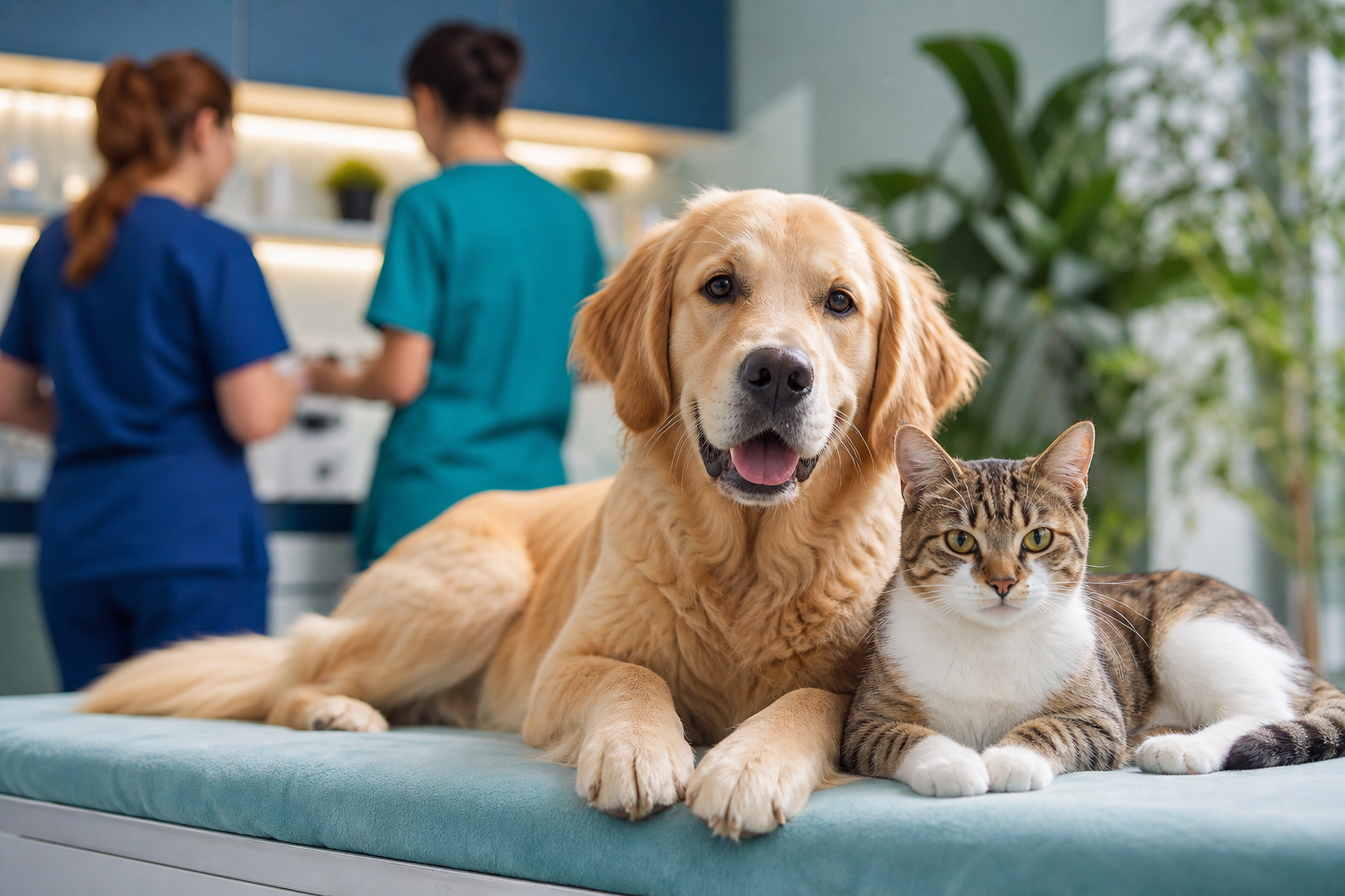 Clínica veterinária acolhedora com pets